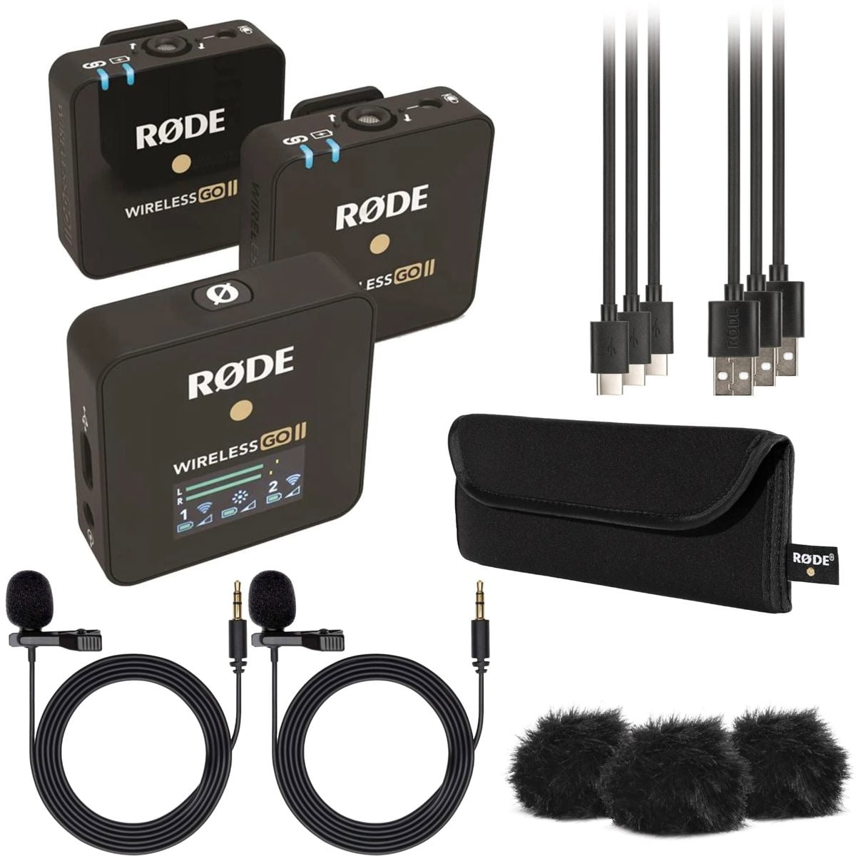 Rode Wireless GO II Compact Microphone System with 2x Transmitter, Bundle with 2x Turnstile Audio Lavalier Microphone