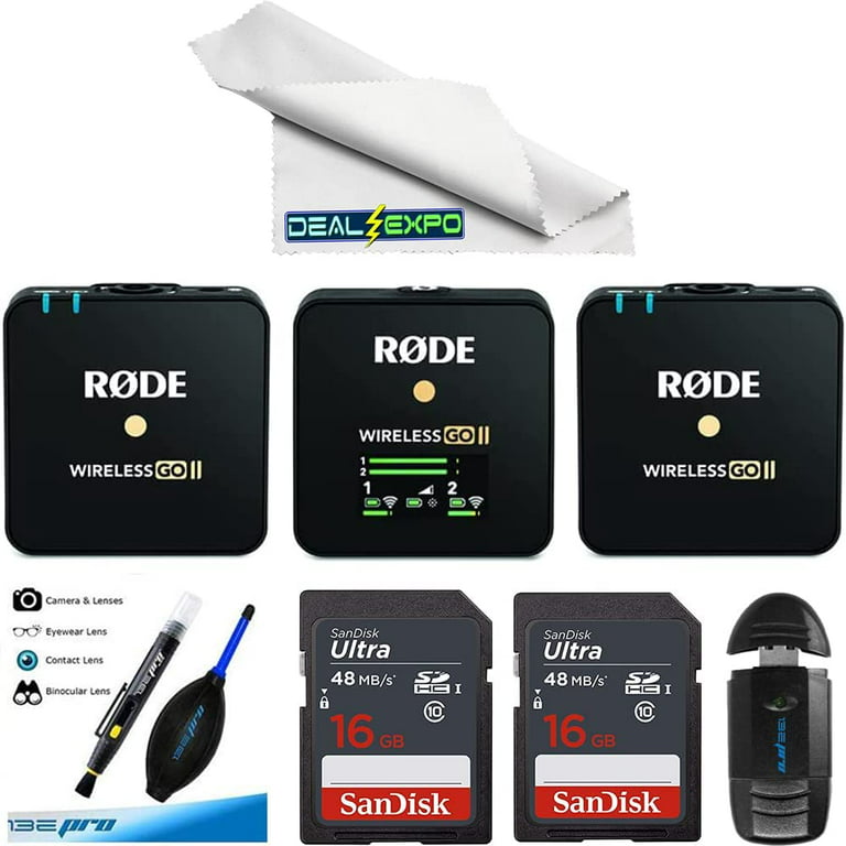 Rode Wireless GO II Dual Channel Wireless Microphone System Expo  Accessories Bundle with 2X 16GB + SD Card Reader + Dust Blower + Brush Pen  + Fiber Cloth 