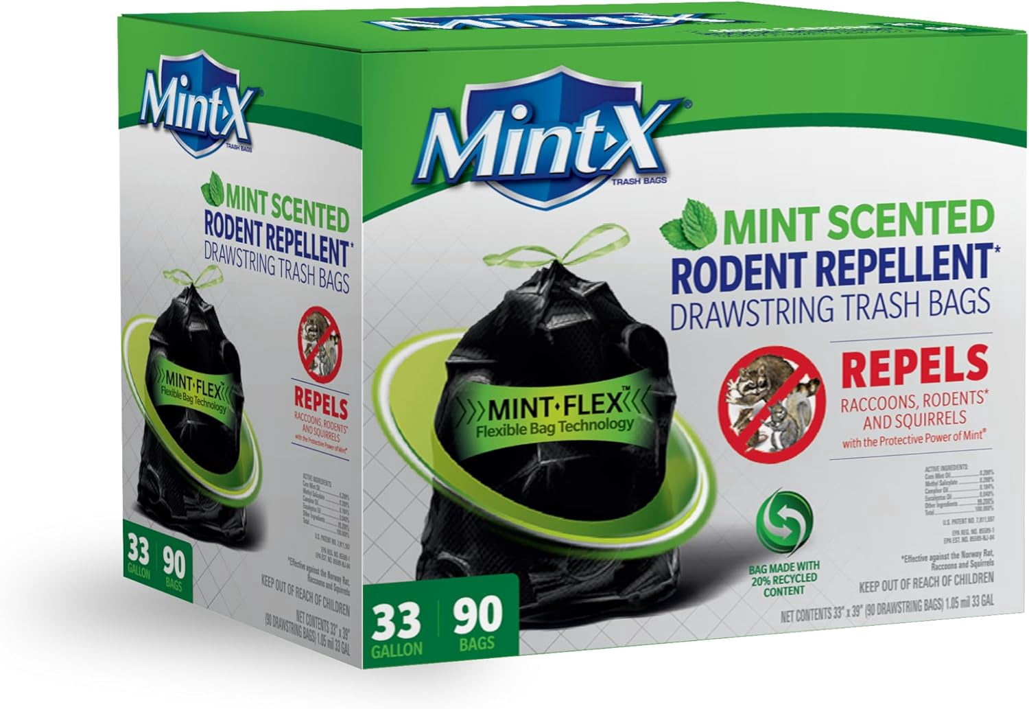 Rodent Repellent Outdoor Home and Industrial Trash Bags with Drawstring & Mint-Flex Technology; 33 Gallon, 90 Count, Black