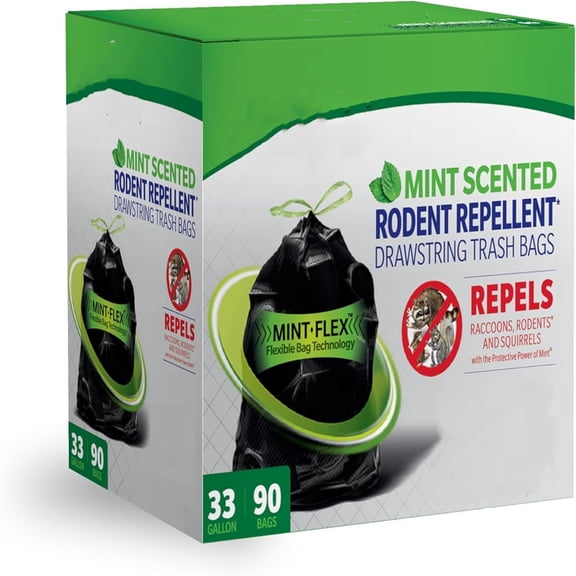 Rodent Repellent Outdoor Home and Industrial Trash Bags with Drawstring & Mint-Flex Technology; 33 Gallon, 90 Count, Black