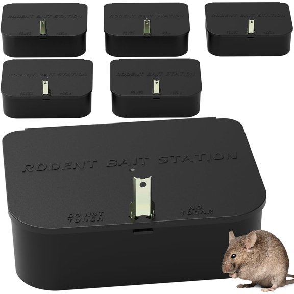 Rodent Station Box with Key Lock, Pet and Child Safe, Reusable, Indoor Outdoor Use, 6 Pack Black