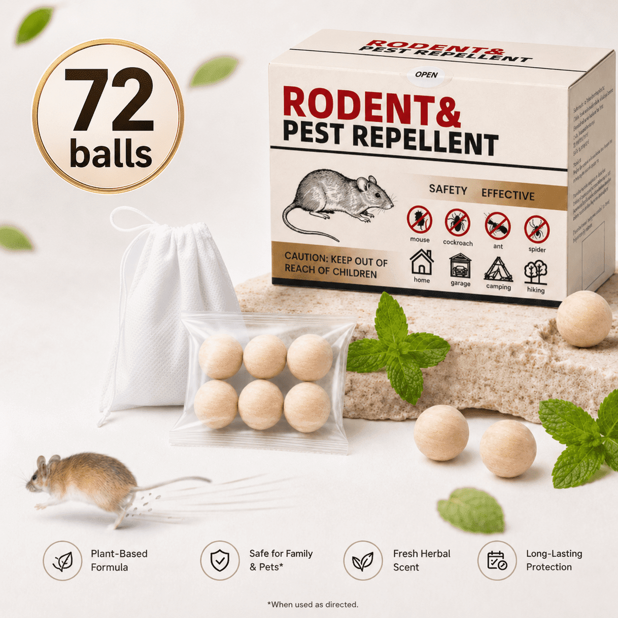 Mouse & Rat Repellent Pouches for Home & Car Engines, Cornmint Oil,72 Balls