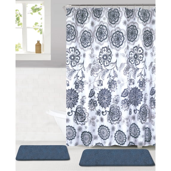 Rodeo 15-Piece Shower Curtain and Bath Rug Set in Navy