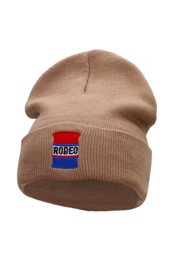 Rodeo Barrel Symbol Embroidered 12 inch Acrylic Cuffed Long Beanie - Khaki OSFM