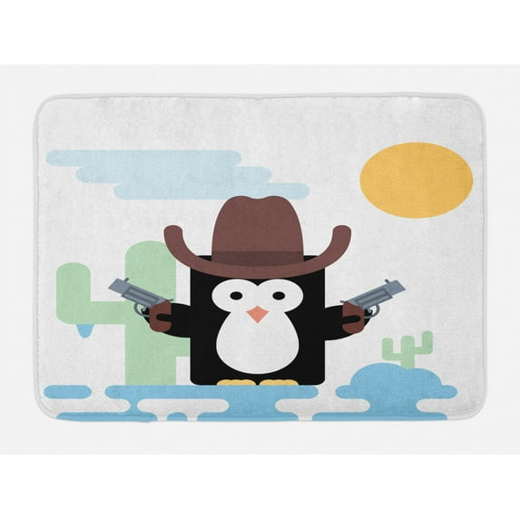 Rodeo Bath Mat, Cowboy Penguin with Tools and a Hat in Front of Cactus Wild West Cartoon, Plush Bathroom Decor Mat with Non Slip Backing, 29.5" X 17.5", Multicolor, by Ambesonne