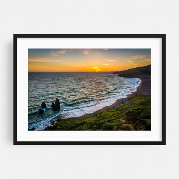 Rodeo Beach at Sunset - San Francisco California Photography Sunset Coastal Beach Ocean Waves Nature Scenic Black Framed Wall Art Print 5 x 7 inches