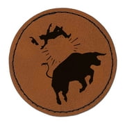 Rodeo Bull Bucking Throwing Cowboy 2.5" Faux Leather Round Engraved Iron-On Patch - Brown