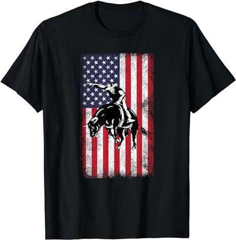 Rodeo Bull Rider Cowboys Patriotic American Flag Vintage T-Shirt ...