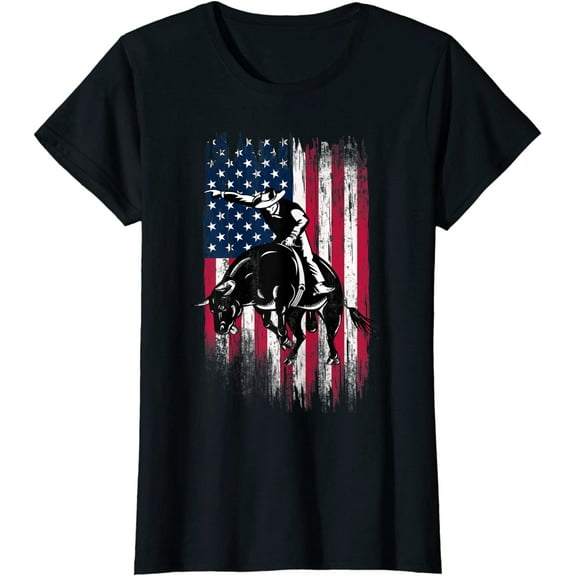 Rodeo Bull Rider Patriotic American Flag Cowboys T-Shirt Men Women Black Small