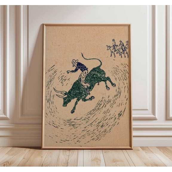 Rodeo Bull Riding Poster Vintage Western Cowboy Wild West Wall Art, Unframed Poster