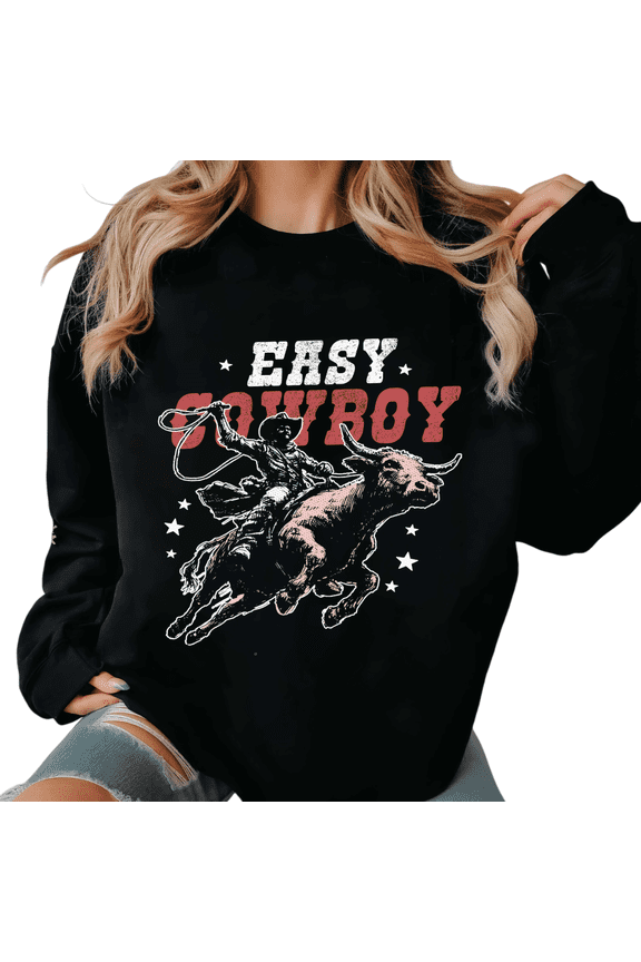 Rodeo Chill Black Crewneck Print Sweatshirt Graphic Sweatshirt Easy Cowboy Bull Rider Star Accent Design S-3XL Tops