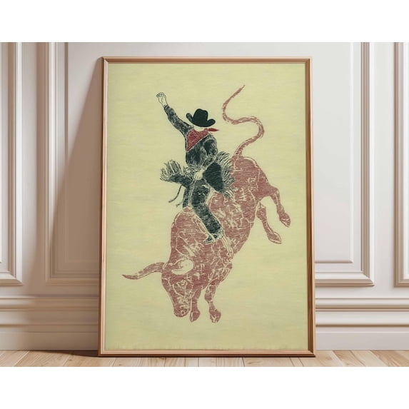 Rodeo Cowboy Bull Riding Wall Art Print, Unframed Paper Poster 11x14in