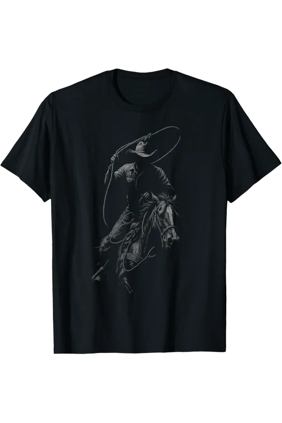 Rodeo Cowboy Lasso Roping Dark Western Horse Rider Graphic T-Shirt, Size S-5XL