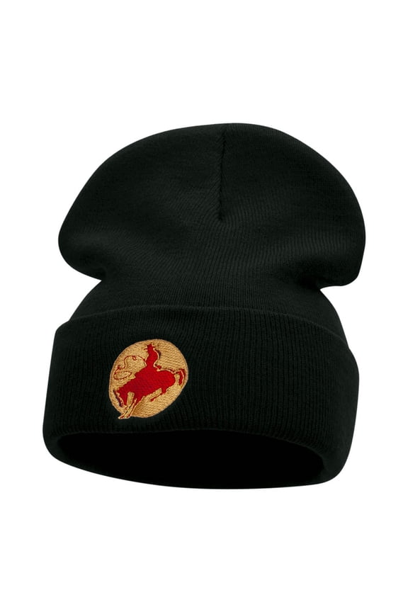 Rodeo Cowboy Logo Embroidered Long Knitted Beanie - Black OSFM