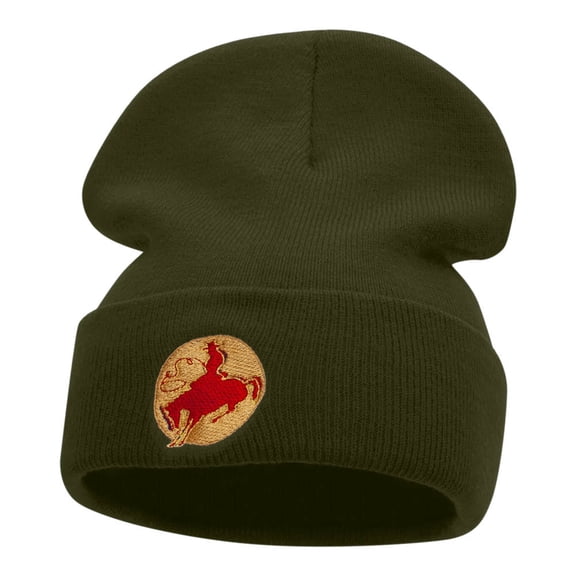 Rodeo Cowboy Logo Embroidered Long Knitted Beanie - Olive OSFM