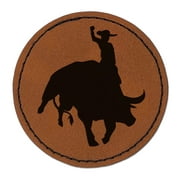 Rodeo Cowboy Riding on Bucking Bull 2.5" Faux Leather Round Engraved Iron-On Patch - Brown