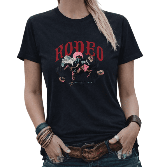 Rodeo Cowboy Western Womens Print Tshirt Graphic Tees Black/White S-5XL Tops