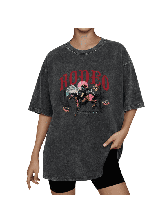 Rodeo Cowgirl Horse Western Desert Wash Print Tshirt S-2XL Washed Black Graphic Tees Casual Shirts for Cowgirl Tops