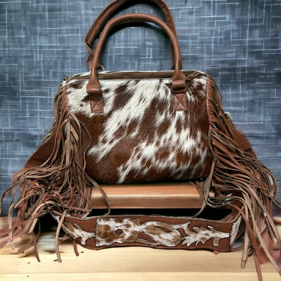 Rodeo Cowhide Rugs Fringe-Adorned Cowhide Bag with Crossbody Strap and Tote Handle