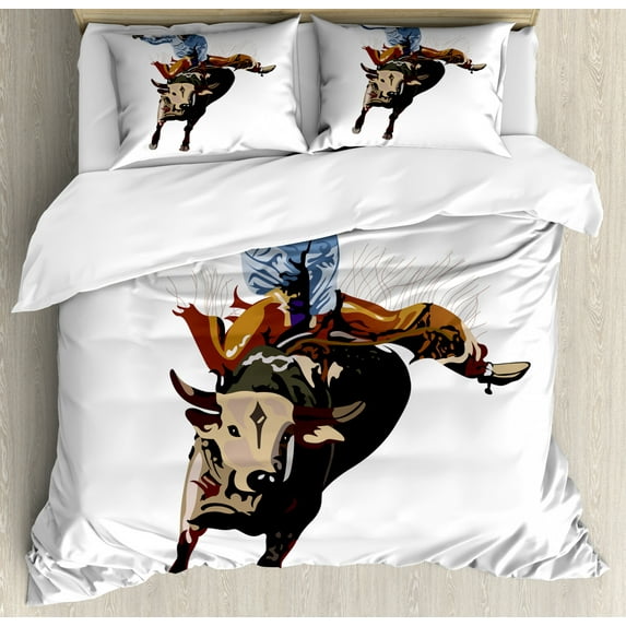 Rodeo Duvet Cover Set Queen Size, Yea Haw Cowboy Bucking Bull Western Sports American Graphic, Decorative 3 Piece Bedding Set with 2 Pillow Shams, Rust Beige Charcoal Grey Blue Grey, by Ambesonne