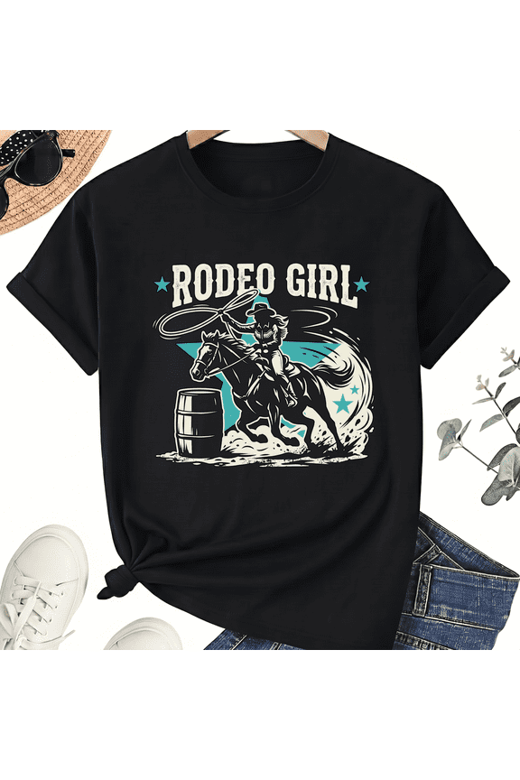 Rodeo Girl Barrel Racing Graphic T-Shirt for Women, Cotton Tee