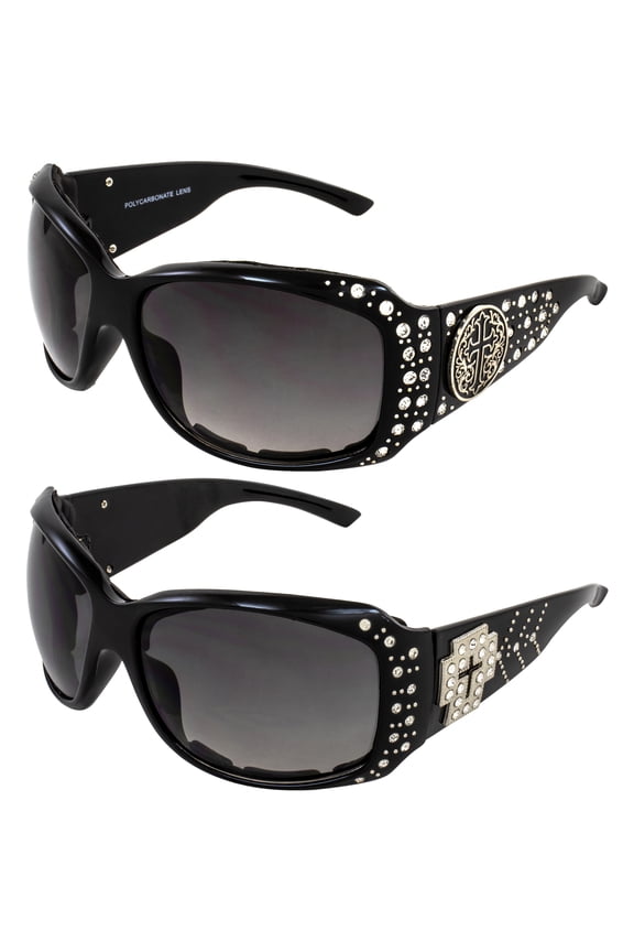 2 Pairs of Fashionable Foam-Padded Motorcycle Sunglasses for Women Black Frame w/ Bling Rhinestones & Smoke Gradient Lenses