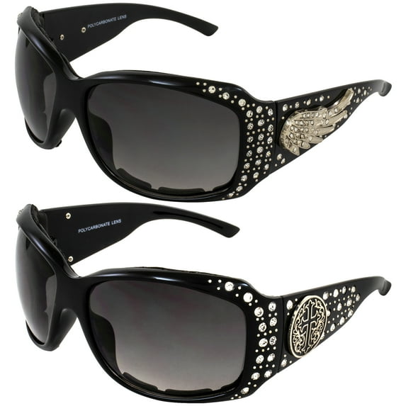 Rodeo Queen 2 Pairs of Foam-Padded Motorcycle Sunglasses for Women Bling Black Frame w/ Rhinestones & Smoke Gradient Lenses