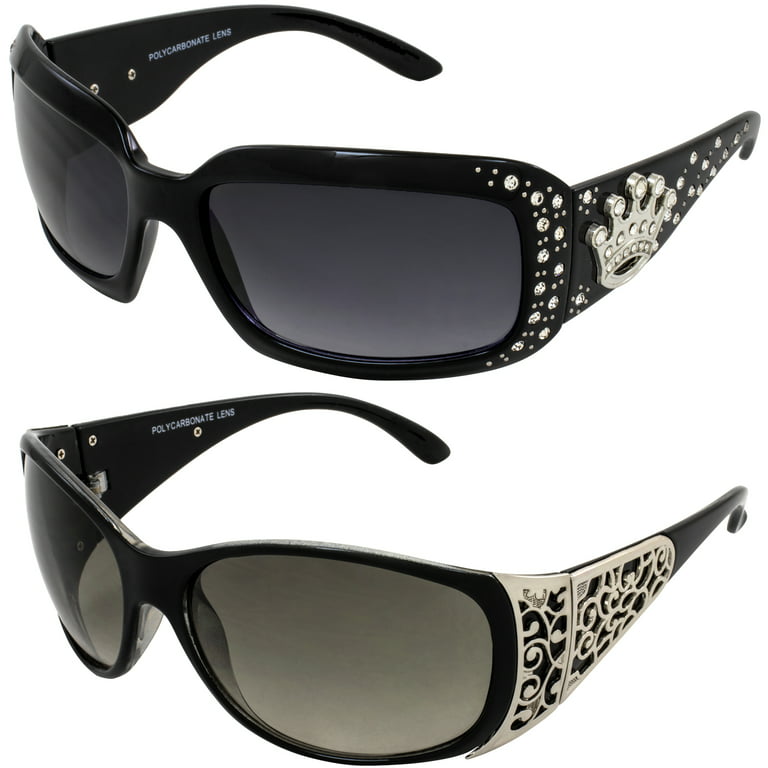 Rodeo Queen 2 Pairs of Women’s Sunglasses Black Fashionable Frame w/ Metal  Accent Piece Bling Rhinestones & Smoke Gradient Lenses