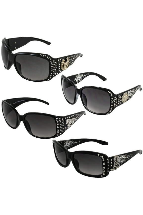 4 Pairs of Cowgirl Studded Sunglasses for Women Black Frame w/ Metal Accent Piece Bling Rhinestones & Smoke Gradient Lenses