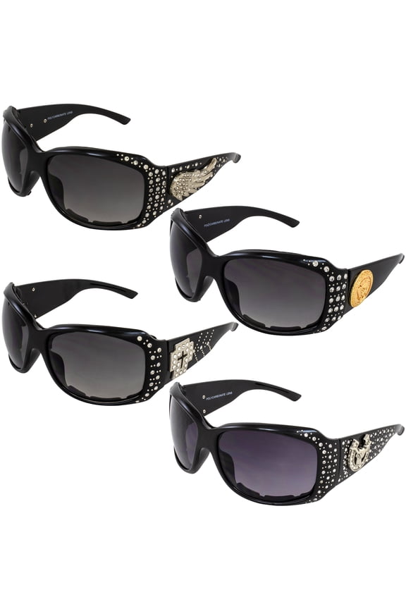 4 Pairs of Padded Motorcycle Sunglasses for Women Black Fashion Bling Frame w/ Rhinestones & Smoke Gradient Lenses