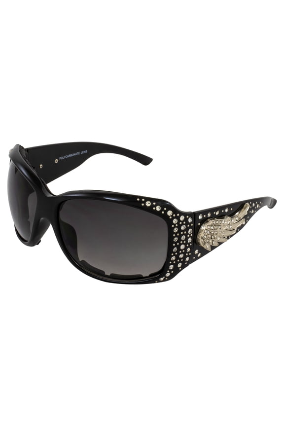 Angel Padded Motorcycle Bling Sunglasses for Women Black Frame w/ Bling Rhinestones & Smoke Gradient Lens