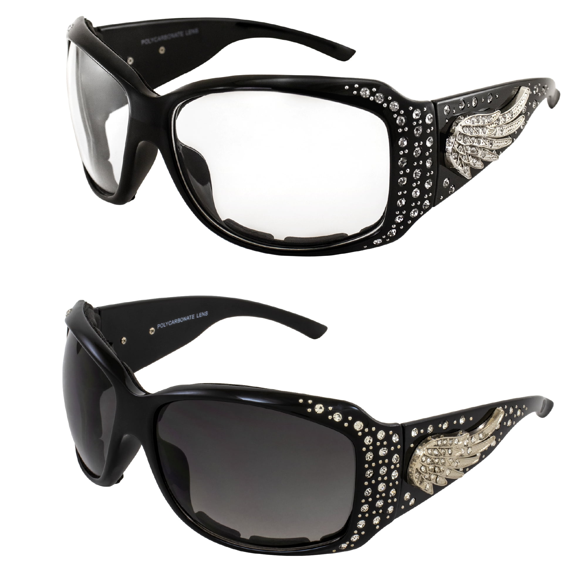 2 Pair Padded Motorcycle Sunglasses with Rhinestones and Wing Accents Womens Foam Padded Motorcycle Riding Sunglasses 42  main image 4