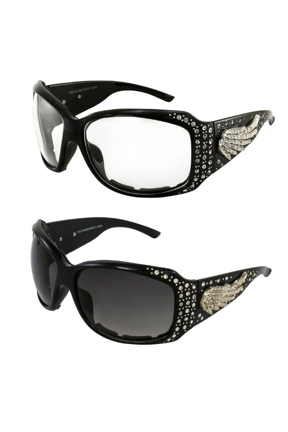 Angel Plus Padded Motorcycle Sunglasses Womens 2 Pair Black Frame Rhinestone Sunglasses w/Silver Wing Accent Clear & Gradient Smoke Lenses