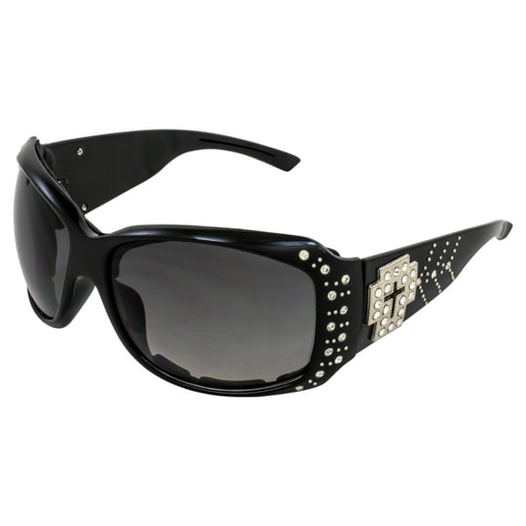 Rodeo Queen La Cruz Padded Motorcycle Sunglasses for Women Black Frame w/Rhinestones Bling & Smoke Gradient Lens