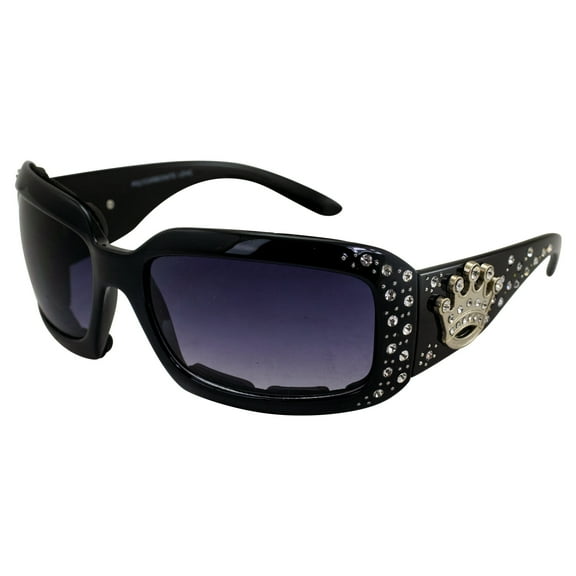 Rodeo Queen Womens Padded Motorcycle Sunglasses Gloss Black Frame with Bling Rhinestones & Smoke Gradient Lens