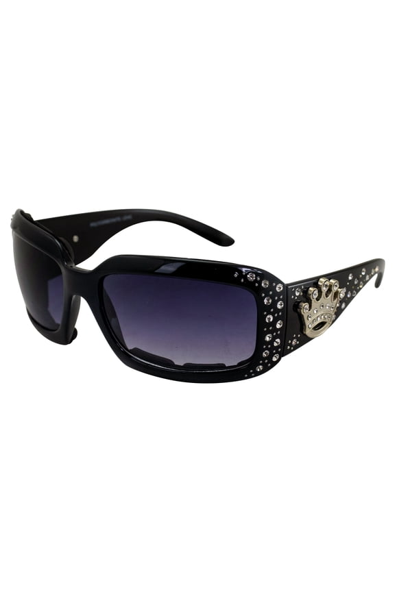 Womens Padded Motorcycle Sunglasses Gloss Black Frame with Bling Rhinestones & Smoke Gradient Lens