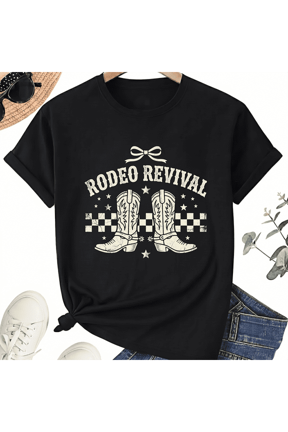 Rodeo Revival Checkerboard Boot Graphic T-Shirt, Cotton Tee