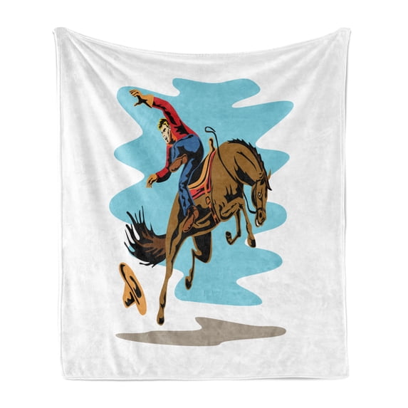 Rodeo Soft Flannel Fleece Throw Blanket, Cowboy Failing off His Horse in an Arena Old West Exotic Sports Digital Graphic, Cozy Plush for Indoor and Outdoor Use, 50" x 70", Multicolor, by Ambesonne