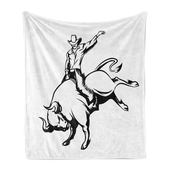 Rodeo Soft Flannel Fleece Throw Blanket, Cowboy Riding a Wild Bull Minimalist Folklore Old West Extreme Sports, Cozy Plush for Indoor and Outdoor Use, 50" x 70", Charcoal Grey and White, by Ambesonne