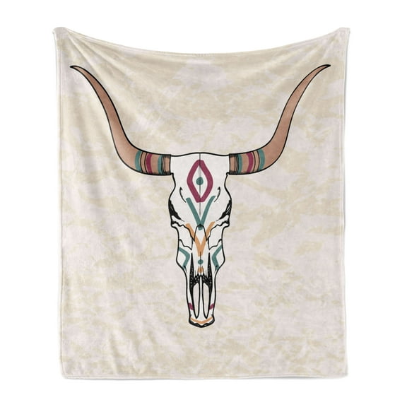 Rodeo Soft Flannel Fleece Throw Blanket, Portrait of Tribal Bull Skull Design Folk Aztec Pattern, Cozy Plush for Indoor and Outdoor Use, 70" x 90", Peach Multicolor, by Ambesonne