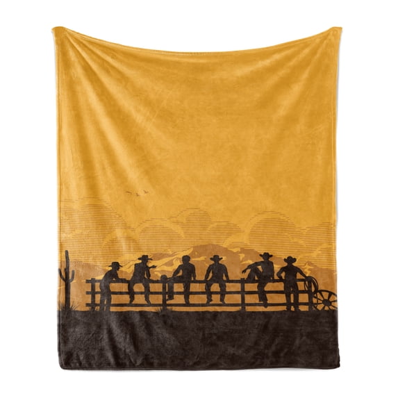 Rodeo Soft Flannel Fleece Throw Blanket, Silhouette of Cowboys Sitting on Fence American Texas West Coast Scene, Cozy Plush for Indoor and Outdoor Use, 50" x 70", Seal Brown and Orange, by Ambesonne