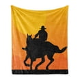 thumbnail image 1 of Rodeo Soft Flannel Fleece Throw Blanket, Silhouette of a Rider Against Sunset Background Evening Mountains, Cozy Plush for Indoor and Outdoor Use, 70" x 90", Charcoal Grey Mustard, by Ambesonne, 1 of 5