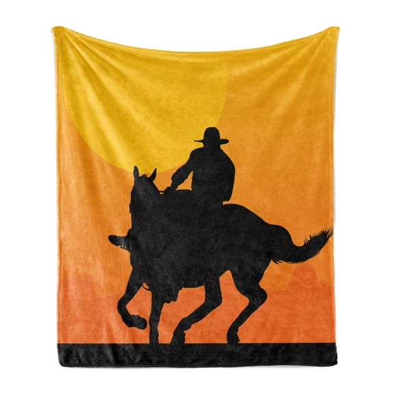 Rodeo Soft Flannel Fleece Throw Blanket, Silhouette of a Rider Against Sunset Background Evening Mountains, Cozy Plush for Indoor and Outdoor Use, 70" x 90", Charcoal Grey Mustard, by Ambesonne