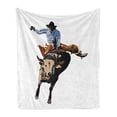 thumbnail image 1 of Rodeo Soft Flannel Fleece Throw Blanket, Yea Haw Cowboy Bucking Bull Western Sports American Graphic, Cozy Plush for Indoor and Outdoor Use, 50" x 70", Rust Beige, by Ambesonne, 1 of 5