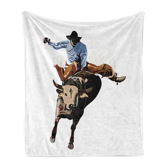 Rodeo Soft Flannel Fleece Throw Blanket, Yea Haw Cowboy Bucking Bull Western Sports American Graphic, Cozy Plush for Indoor and Outdoor Use, 50" x 70", Rust Beige, by Ambesonne