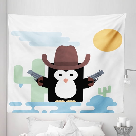 Rodeo Tapestry, Cowboy Penguin with Tools and a Hat in Front of Cactus Wild West Cartoon, Fabric Wall Hanging Decor for Bedroom Living Room Dorm, 5 Sizes, Multicolor, by Ambesonne