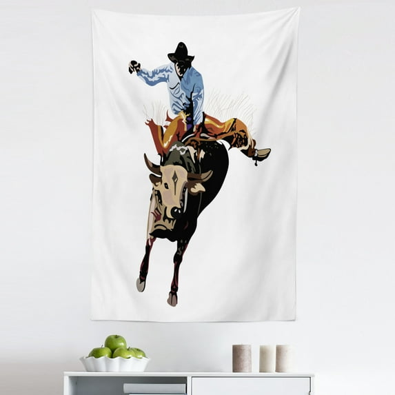 Rodeo Tapestry, Yea Haw Cowboy Bucking Bull Western Sports American Graphic, Fabric Wall Hanging Decor for Bedroom Living Room Dorm, 5 Sizes, Rust Beige, by Ambesonne