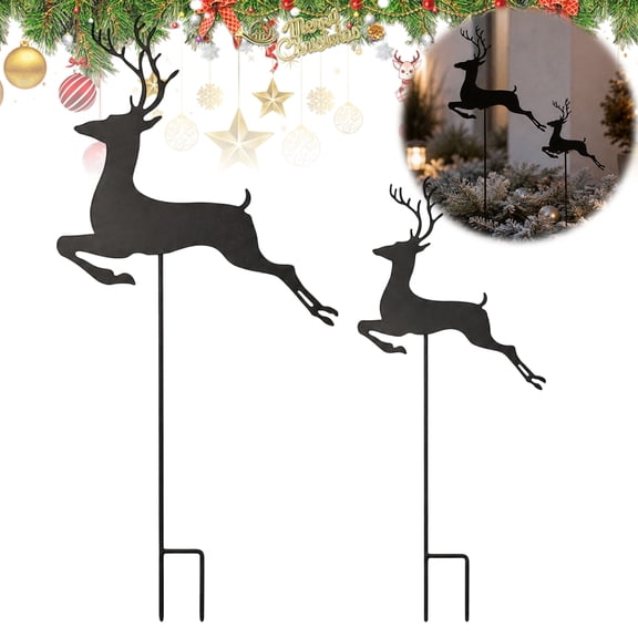 Rodiuiu 2Pcs/Set Christmas Elk Garden Stake, Black Reindeer Silhouette Yard Art, Holiday Deer Flower Bed Sign for Outdoor Lawn Patio Pathway