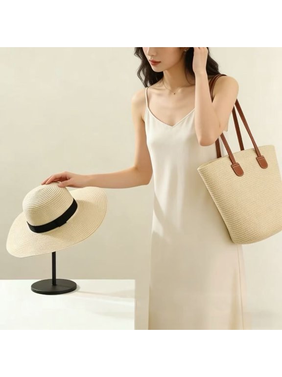 2Pcs/Set Hat Tote Bag Set Striped Print Wide Brim Straw Hat Handmade Rattan Tote Bag Set Summer Beach Sun Hat Picnic Bag Set