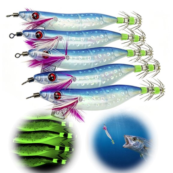 Rodiuiu 5Pcs Luminous Squid Jig Hook Kit, Saltwater Glow Squid Fishing Jigs, Cuttlefish Sleeve Shrimp Bait Lure with Feather, Outdoor Fishing Tackle